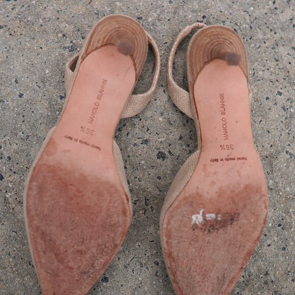 Manolo Blahnik Slingback Mules IT 36.5 Beige Linen Heel SATC Carrie Bradshaw - Picture 9 of 9
